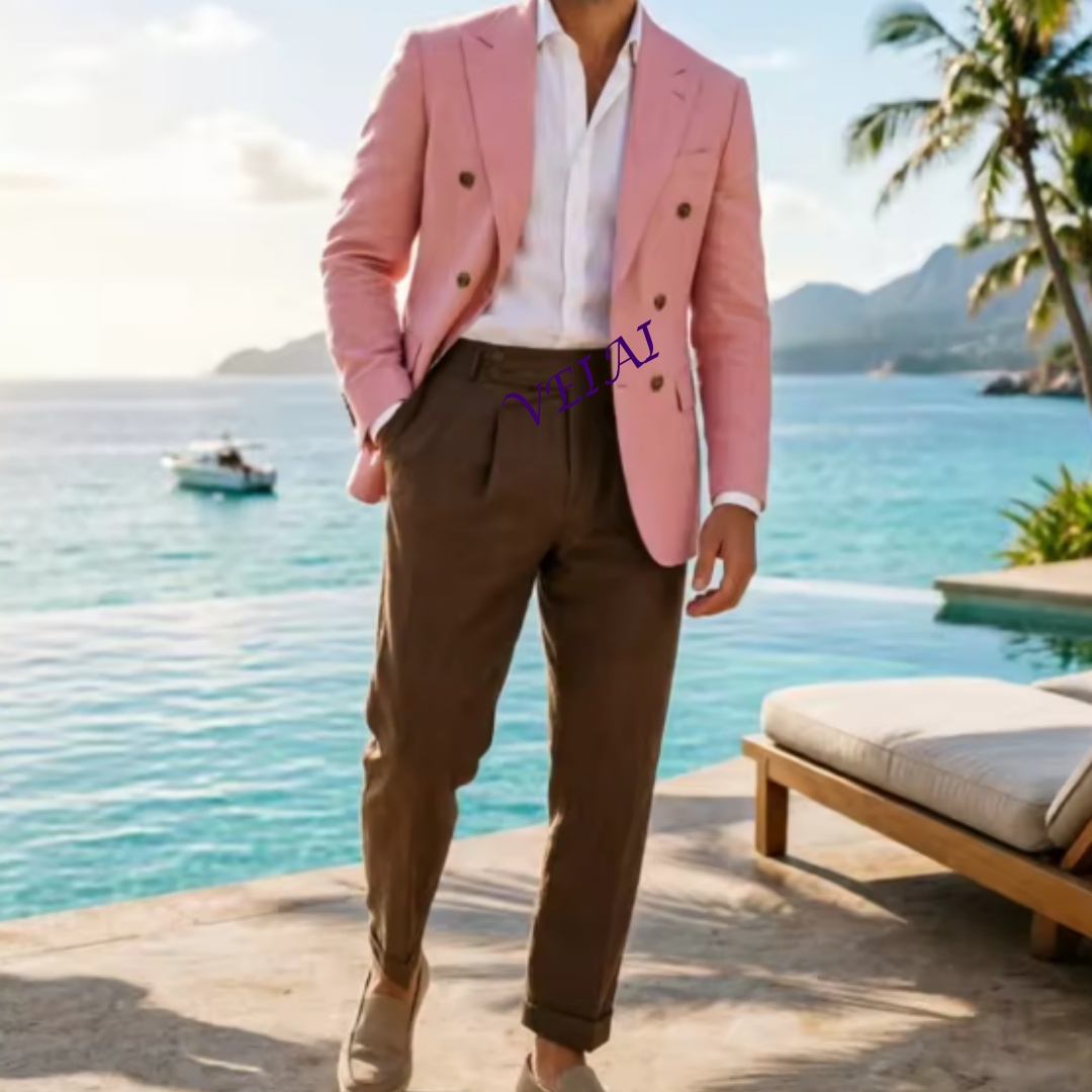 Elegant Formal Men'S Wear - Özelleştirilmiş 2 Parçalı Bej Keten Erkek